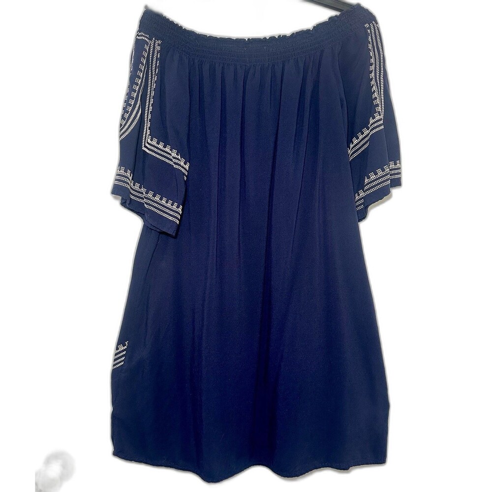 Chelsea & Violet XL Off Shoulder Navy Geometric Print Rayon Shift Mini Dress - Picture 3 of 7